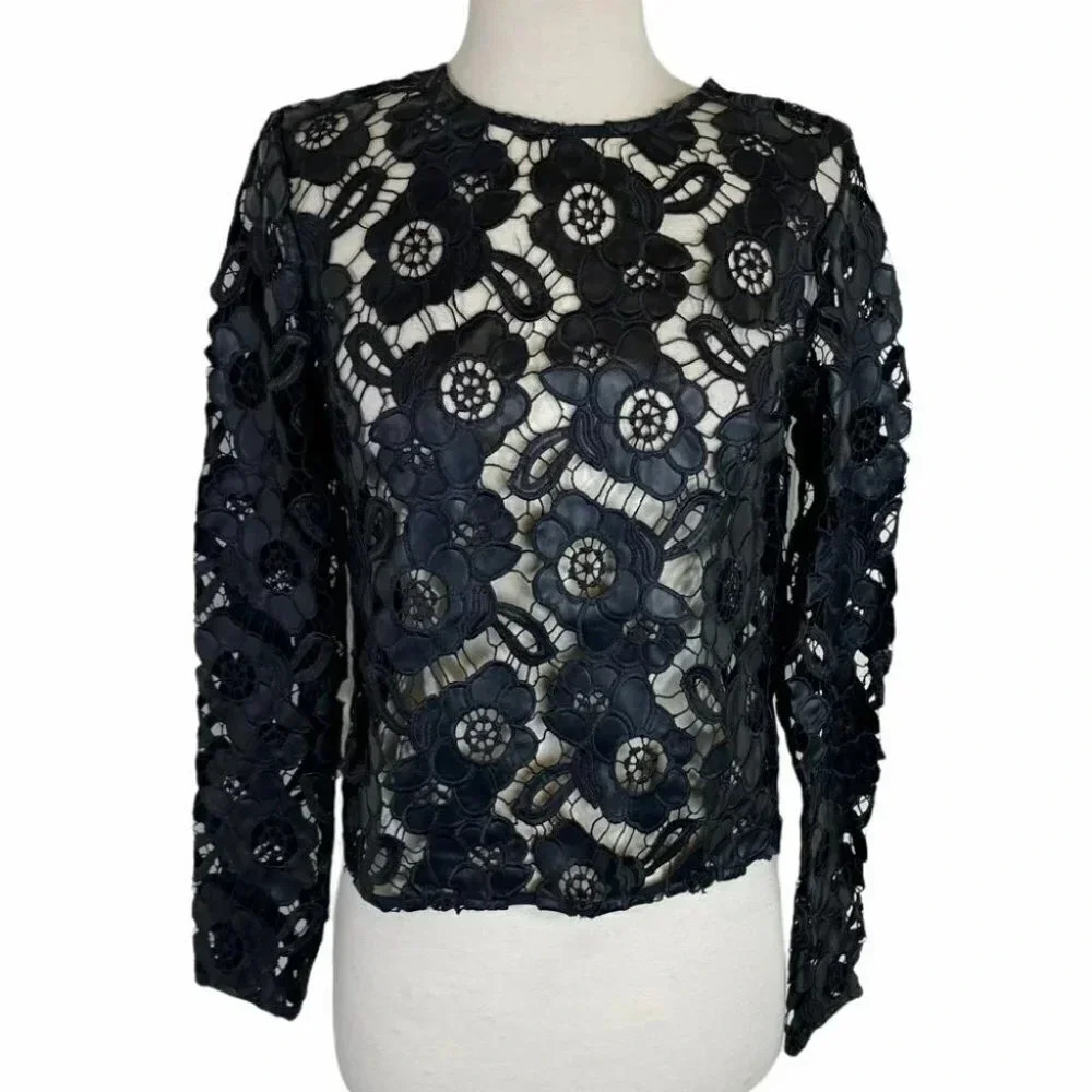 Bisou Bisou Top XS Black Faux Leather Floral‎ Lace Sheer Long Sleeve Crop Blouse
